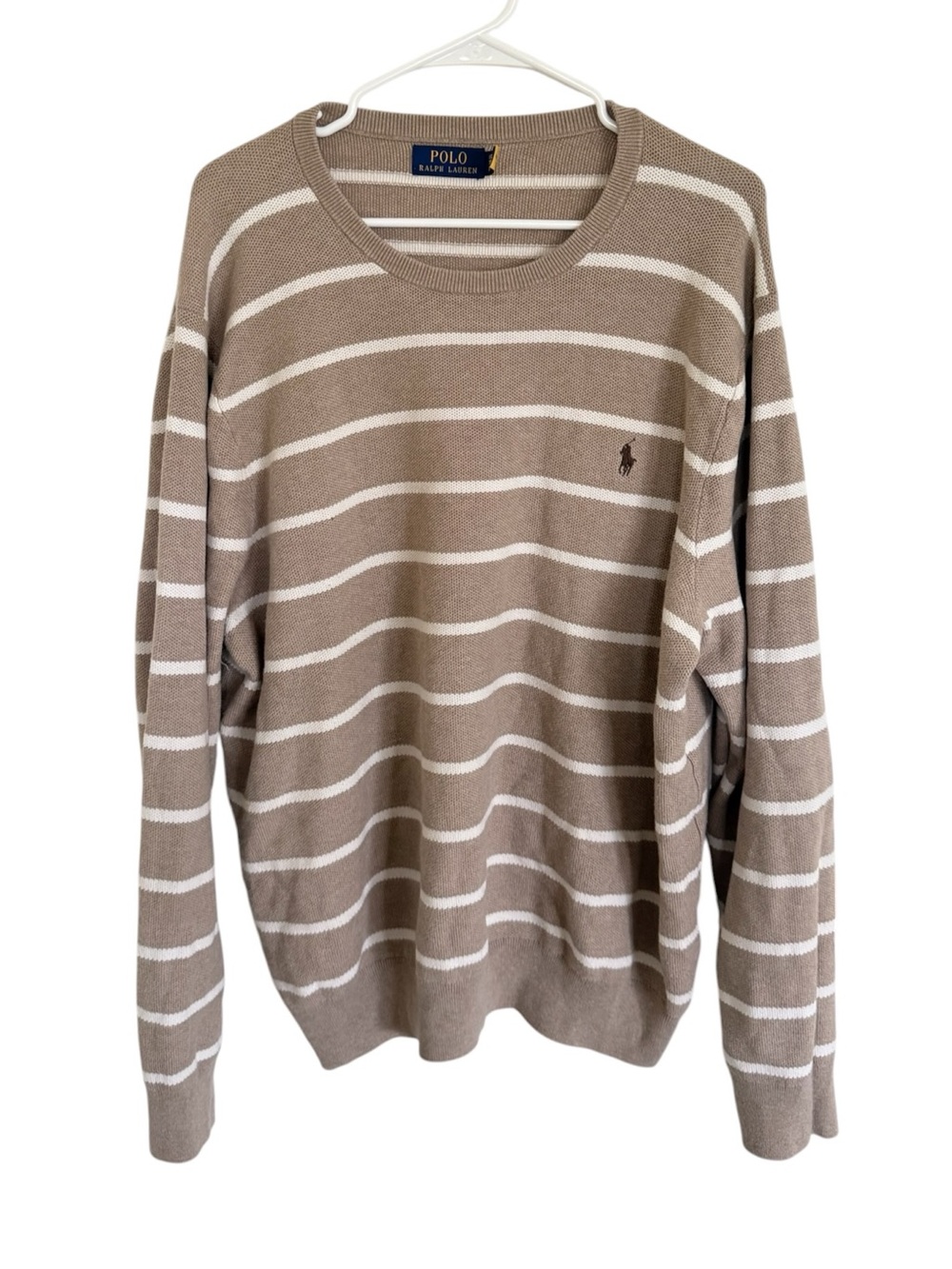 Polo by Ralph Lauren Men's Tan & White Striped Crewneck Sweater